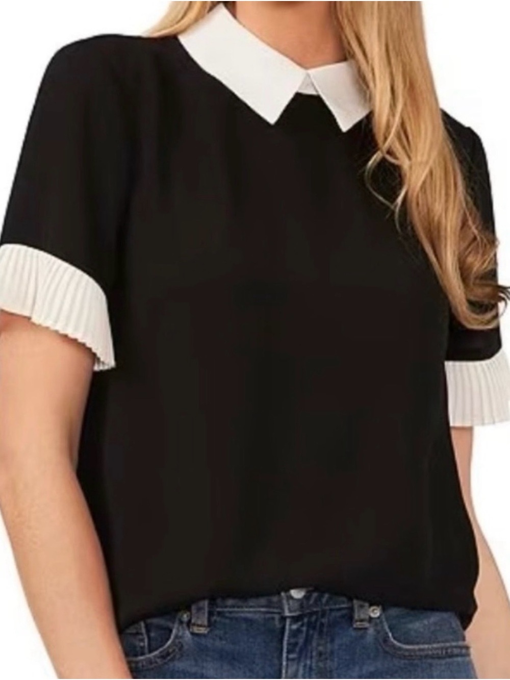 CeCe Black Blouse with White Collar and Pleated Sleeve Trim